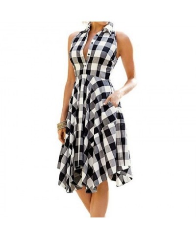 Women Sleeveless Plaid Dress A-Line Slim Pleated Shirt Dress Summer Casual Lapel Knee-Length Beach Party Midi Dress платье $2...