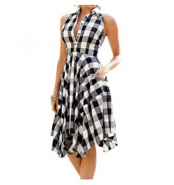 Women Sleeveless Plaid Dress A-Line Slim Pleated Shirt Dress Summer Casual Lapel Knee-Length Beach Party Midi Dress платье $2...