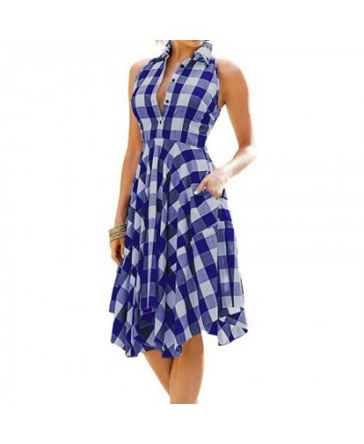 Women Sleeveless Plaid Dress A-Line Slim Pleated Shirt Dress Summer Casual Lapel Knee-Length Beach Party Midi Dress платье $2...