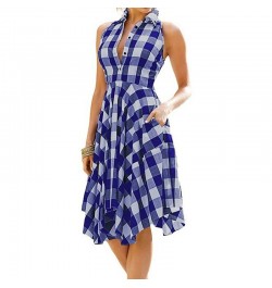 Women Sleeveless Plaid Dress A-Line Slim Pleated Shirt Dress Summer Casual Lapel Knee-Length Beach Party Midi Dress платье $2...