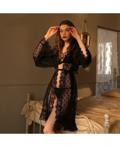 Sexy Lingerie Dot Mesh Black Color Nightgown Lace See-through Robes with Three-Point Suit Three Piece Set Night Wears for Wom...