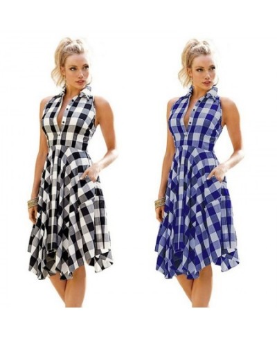 Women Sleeveless Plaid Dress A-Line Slim Pleated Shirt Dress Summer Casual Lapel Knee-Length Beach Party Midi Dress платье $2...