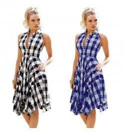 Women Sleeveless Plaid Dress A-Line Slim Pleated Shirt Dress Summer Casual Lapel Knee-Length Beach Party Midi Dress платье $2...