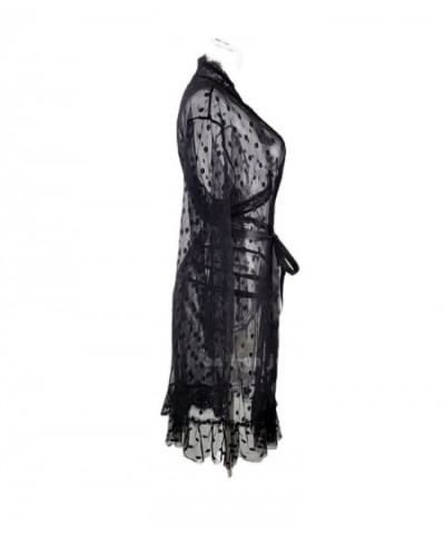 Sexy Lingerie Dot Mesh Black Color Nightgown Lace See-through Robes with Three-Point Suit Three Piece Set Night Wears for Wom...