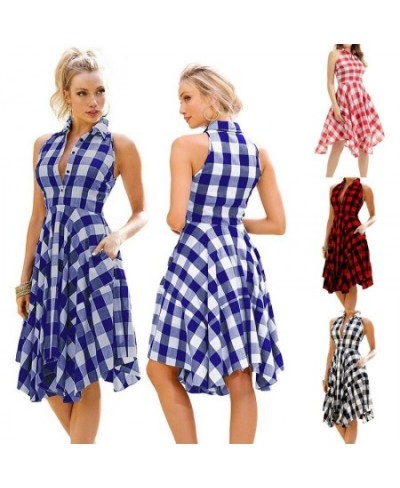 Women Sleeveless Plaid Dress A-Line Slim Pleated Shirt Dress Summer Casual Lapel Knee-Length Beach Party Midi Dress платье $2...