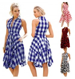 Women Sleeveless Plaid Dress A-Line Slim Pleated Shirt Dress Summer Casual Lapel Knee-Length Beach Party Midi Dress платье $2...