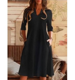 New Summer Commuter Women Dress A-line Skirt Solid Cotton Linen Pocket Mid Sleeve Holiday Dress 2022 Elegant V-Neck Loose Dre...