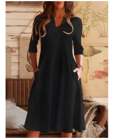 New Summer Commuter Women Dress A-line Skirt Solid Cotton Linen Pocket Mid Sleeve Holiday Dress 2022 Elegant V-Neck Loose Dre...