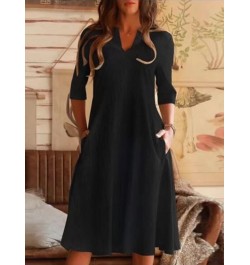 New Summer Commuter Women Dress A-line Skirt Solid Cotton Linen Pocket Mid Sleeve Holiday Dress 2022 Elegant V-Neck Loose Dre...