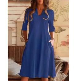 New Summer Commuter Women Dress A-line Skirt Solid Cotton Linen Pocket Mid Sleeve Holiday Dress 2022 Elegant V-Neck Loose Dre...