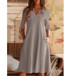 New Summer Commuter Women Dress A-line Skirt Solid Cotton Linen Pocket Mid Sleeve Holiday Dress 2022 Elegant V-Neck Loose Dre...