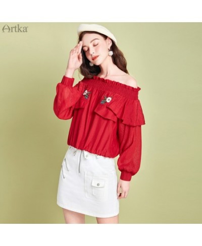 2023 Spring New Women Blouse Delicate Embroidery Long Sleeve Red Shirts Sexy Ruffles Off Shoulder Top Shirt Women SA25102C $6...