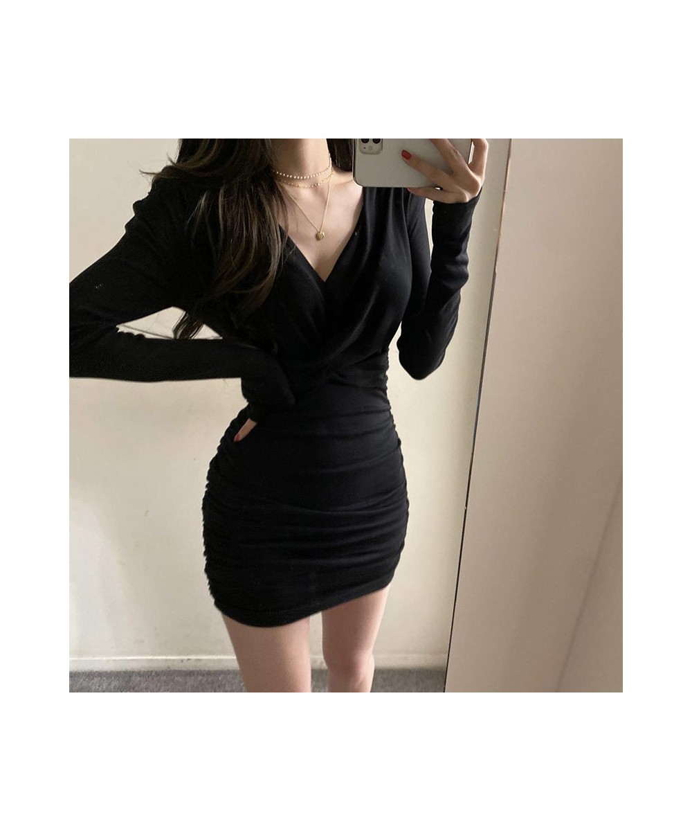 Long Sleeve Dresses Women Folds Sheath Sexy V-neck Solid Trendy Leisure Ulzzang Streetwear Elegant Females Платье Женское Dai...