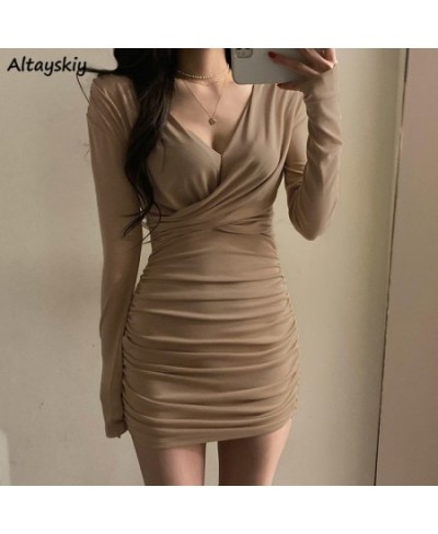 Long Sleeve Dresses Women Folds Sheath Sexy V-neck Solid Trendy Leisure Ulzzang Streetwear Elegant Females Платье Женское Dai...