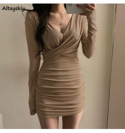 Long Sleeve Dresses Women Folds Sheath Sexy V-neck Solid Trendy Leisure Ulzzang Streetwear Elegant Females Платье Женское Dai...