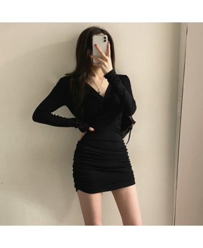 Long Sleeve Dresses Women Folds Sheath Sexy V-neck Solid Trendy Leisure Ulzzang Streetwear Elegant Females Платье Женское Dai...