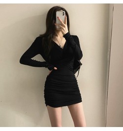 Long Sleeve Dresses Women Folds Sheath Sexy V-neck Solid Trendy Leisure Ulzzang Streetwear Elegant Females Платье Женское Dai...