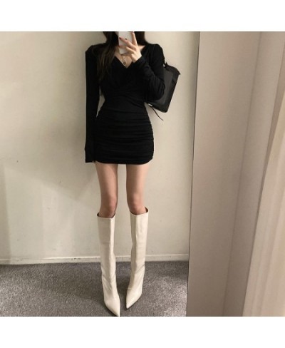 Long Sleeve Dresses Women Folds Sheath Sexy V-neck Solid Trendy Leisure Ulzzang Streetwear Elegant Females Платье Женское Dai...