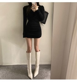 Long Sleeve Dresses Women Folds Sheath Sexy V-neck Solid Trendy Leisure Ulzzang Streetwear Elegant Females Платье Женское Dai...