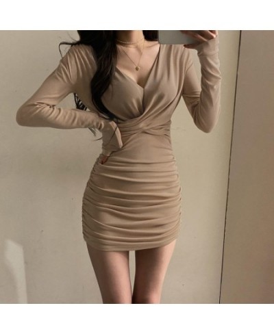 Long Sleeve Dresses Women Folds Sheath Sexy V-neck Solid Trendy Leisure Ulzzang Streetwear Elegant Females Платье Женское Dai...