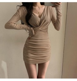 Long Sleeve Dresses Women Folds Sheath Sexy V-neck Solid Trendy Leisure Ulzzang Streetwear Elegant Females Платье Женское Dai...