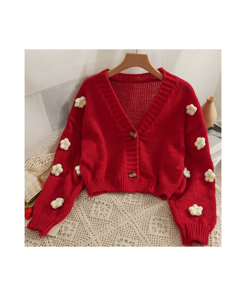 Cropped Cardigan 3D Flower V-neck Kawaii Retro Design All-match Mujer Sweater Tender Girlish Aesthetic Fall Ulzzang $29.67 - ...