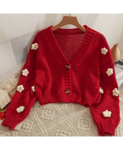 Cropped Cardigan 3D Flower V-neck Kawaii Retro Design All-match Mujer Sweater Tender Girlish Aesthetic Fall Ulzzang $29.67 - ...