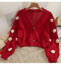 Cropped Cardigan 3D Flower V-neck Kawaii Retro Design All-match Mujer Sweater Tender Girlish Aesthetic Fall Ulzzang $29.67 - ...