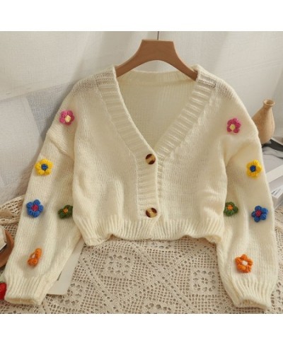 Cropped Cardigan 3D Flower V-neck Kawaii Retro Design All-match Mujer Sweater Tender Girlish Aesthetic Fall Ulzzang $29.67 - ...