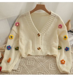 Cropped Cardigan 3D Flower V-neck Kawaii Retro Design All-match Mujer Sweater Tender Girlish Aesthetic Fall Ulzzang $29.67 - ...