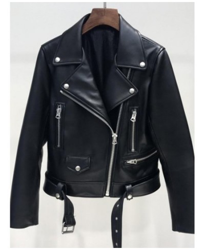 New Autumn Women Pu Leather Jacket Woman Zipper Belt Short Coat Female Black Punk Bomber Faux Leather Outwear $64.59 - Jacket...