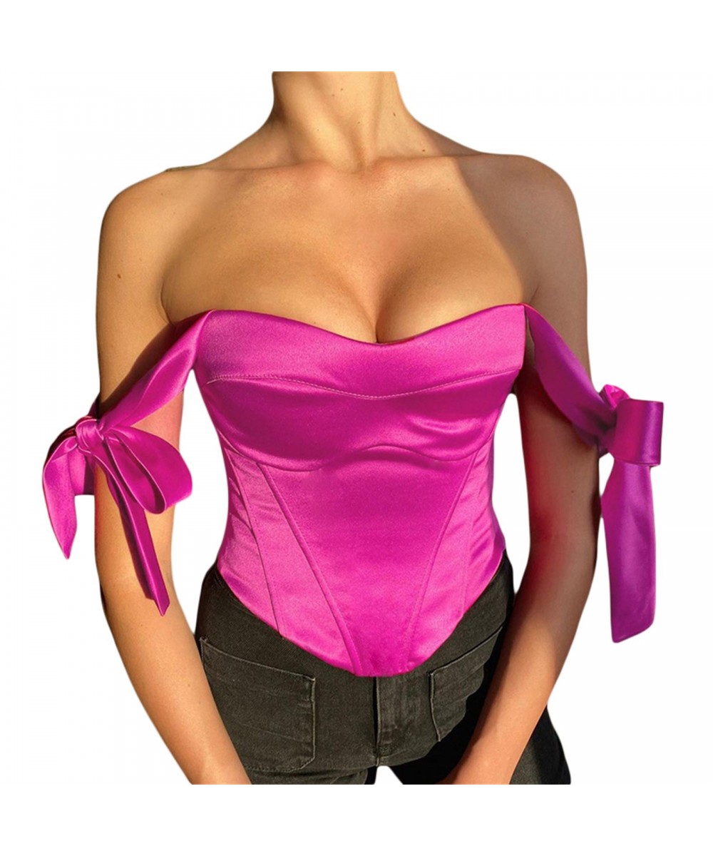 Women's Stain Bustier Tops Solid Color Bow Tie Strap Sleeveless Boned Corset Tops $27.58 - Underwear