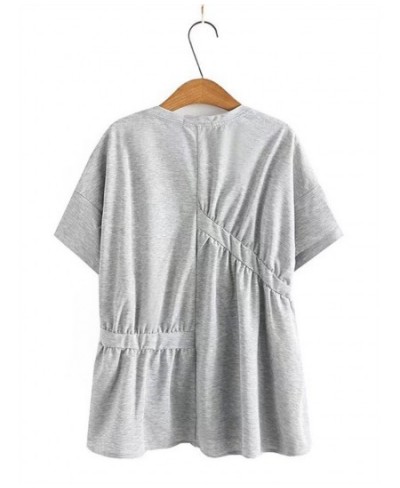 Women's Clothing Plus Size Short Sleeve T-Shirt Round Neck Summer Cotton Knit Solid Color Blend Asymmetrical Folds Loose Tops...