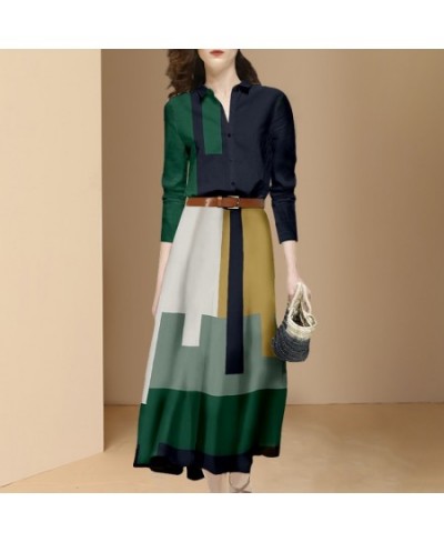 Fashion Office Suits Women Spring Fall Long Sleeve Hit Color Shirts Top&High Waist Midi A Line Belt Slim Skirt Two Piece Set ...