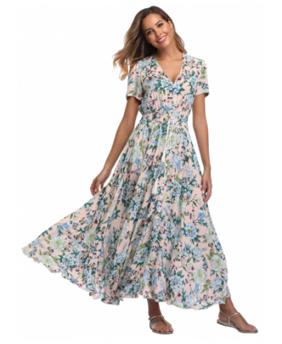 Women Floral Long Dress Boho Flowery Print Elegant V-Neck Button Up Beach Party Dresses Casual Fashion Maxi Vestidos Bodycon ...