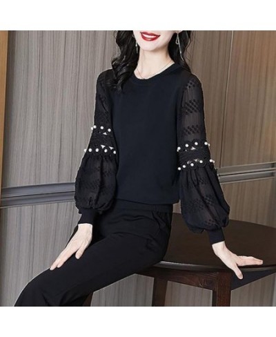 Elegant Lace Hollow Out Spliced Beading Oversized Lantern Sleeve Chiffon Blouse Casual Pullovers Loose Commute Women's Shirt ...