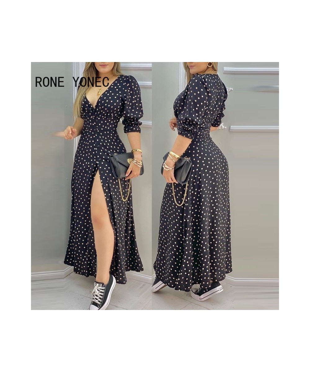 Women Polkadot Print High Slit Puff Sleeve Maxi Dress Casual Dress Vacation Dress 2023 $48.04 - Dresses