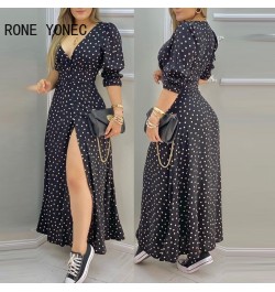 Women Polkadot Print High Slit Puff Sleeve Maxi Dress Casual Dress Vacation Dress 2023 $48.04 - Dresses