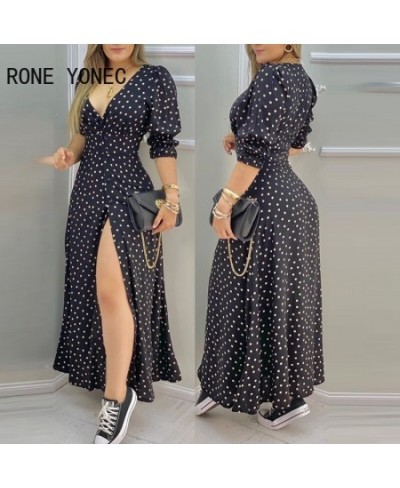 Women Polkadot Print High Slit Puff Sleeve Maxi Dress Casual Dress Vacation Dress 2023 $48.04 - Dresses