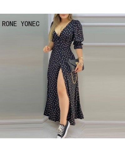 Women Polkadot Print High Slit Puff Sleeve Maxi Dress Casual Dress Vacation Dress 2023 $48.04 - Dresses