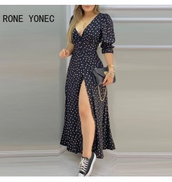 Women Polkadot Print High Slit Puff Sleeve Maxi Dress Casual Dress Vacation Dress 2023 $48.04 - Dresses