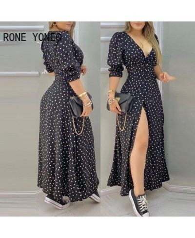 Women Polkadot Print High Slit Puff Sleeve Maxi Dress Casual Dress Vacation Dress 2023 $48.04 - Dresses