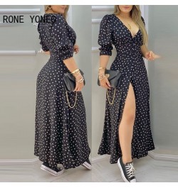 Women Polkadot Print High Slit Puff Sleeve Maxi Dress Casual Dress Vacation Dress 2023 $48.04 - Dresses