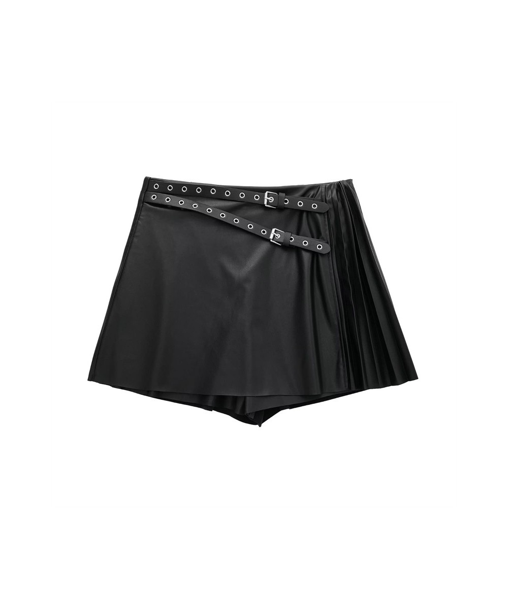 women's faux leather pleated culottes asymmetrical perforated belt with punk-style high-waisted black PU mini skirt $38.17 - ...