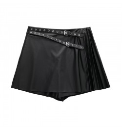 women's faux leather pleated culottes asymmetrical perforated belt with punk-style high-waisted black PU mini skirt $38.17 - ...