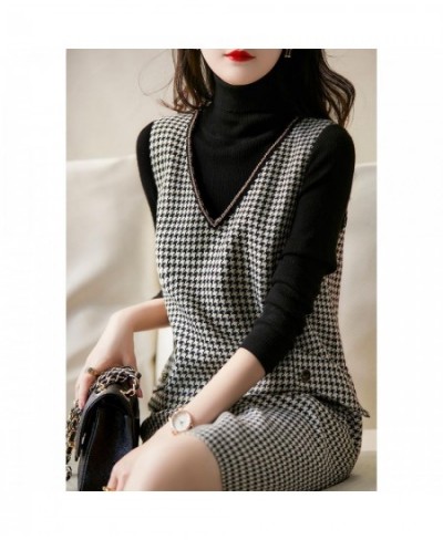 Women Dresses Houndstooth Elegant Large V-neck Chain Sleeveless Dress Autumn Winter New Vestido De Mujer $46.51 - Dresses