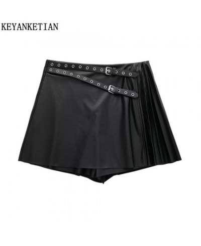 women's faux leather pleated culottes asymmetrical perforated belt with punk-style high-waisted black PU mini skirt $38.17 - ...