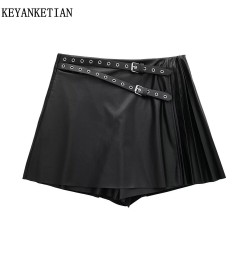 women's faux leather pleated culottes asymmetrical perforated belt with punk-style high-waisted black PU mini skirt $38.17 - ...