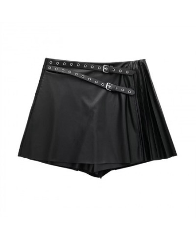 women's faux leather pleated culottes asymmetrical perforated belt with punk-style high-waisted black PU mini skirt $38.17 - ...