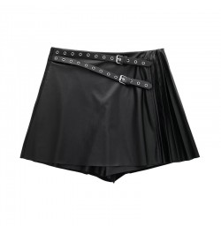 women's faux leather pleated culottes asymmetrical perforated belt with punk-style high-waisted black PU mini skirt $38.17 - ...